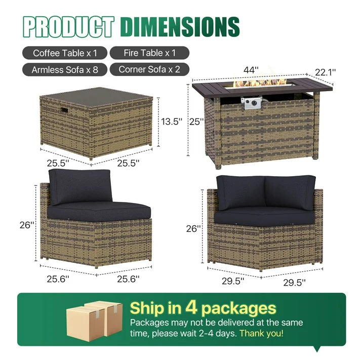 Clouddwell 12 Piece Patio Furniture Set with 44” Fire Pit Table Wicker Rattan Patio Conversation Set Outdoor Sectional Sofa Set with Coffee Table and Black Cushions(Waterproof Cover Included)