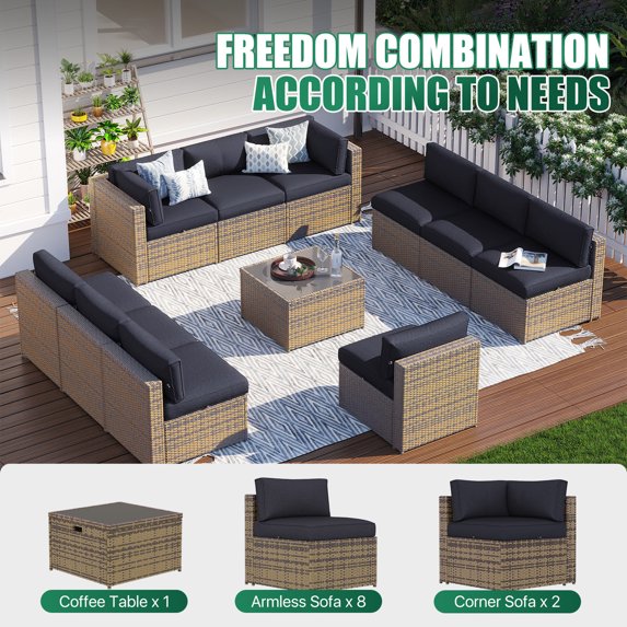Clouddwell 11 Piece Patio Furniture Set Wicker Rattan Patio Conversation Set Outdoor Sectional Sofa Set with Coffee Table and Black Cushions(Waterproof Cover Included)