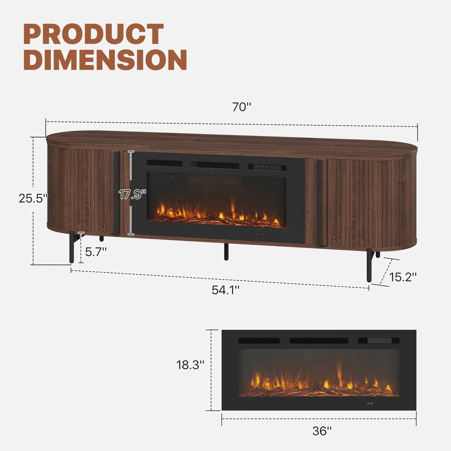 Sonegra 4-Piece Living Room Table Set Includes Mid-Century Coffee Table, Spacious 70" Fireplace TV Stand and 2 Endtables, Classic Coffee Table for Living Room, Bedroom, Brown