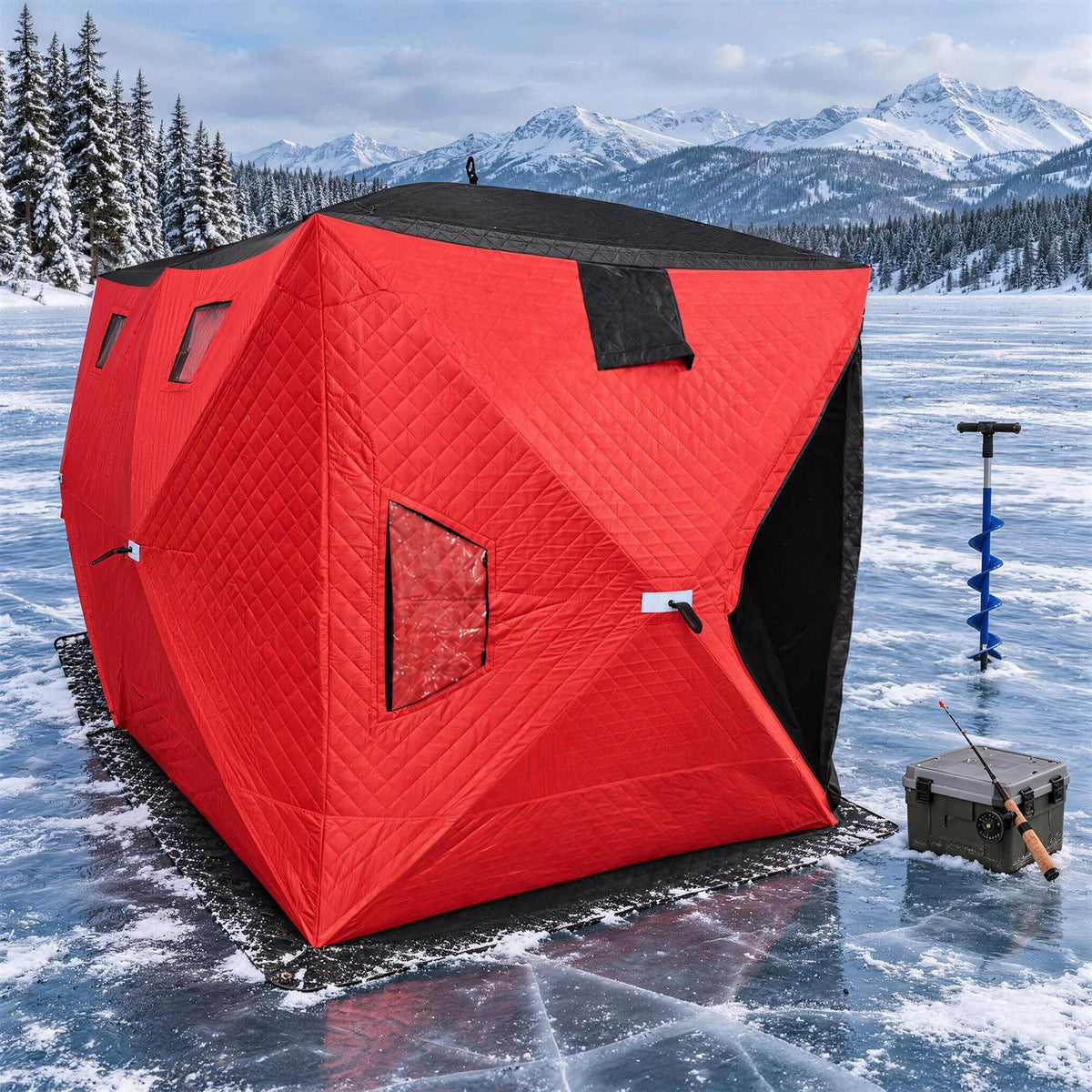 Dateyes Pop Up Ice Fishing Shelter, Insulated Ice Fishing Tent for 6-8 People, 420D Insulated Fabric, 150"x70"x78" 73 sq.ft Fishing Area, Red