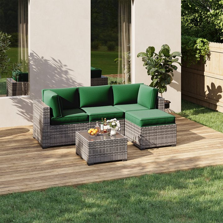 Clouddwell 9-Piece Premium Outdoor Cushion Set, High-Resilience Waterproof Cushions for 4-Seat Wicker Sectional, Comfort Upgrade (Black Green)