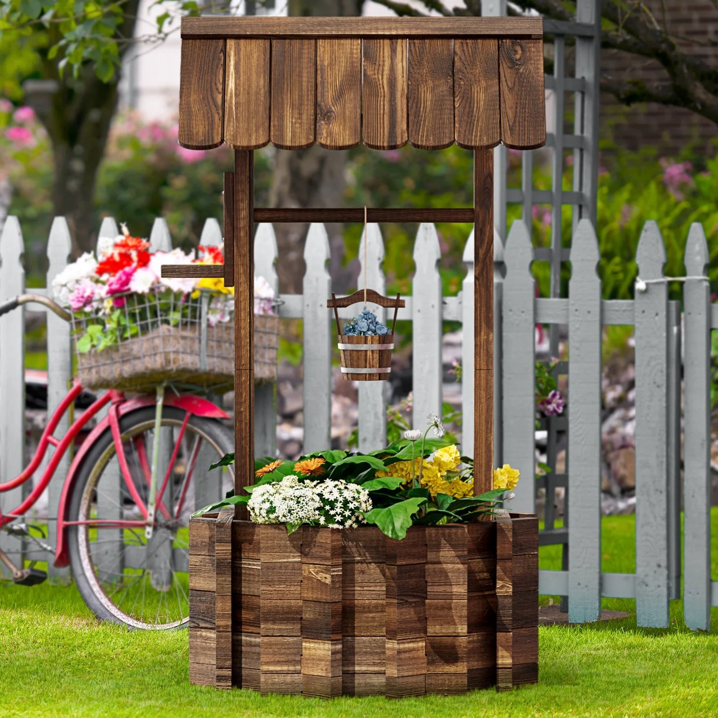 Sunmthink Big Wishing Well Planter 25.5" with Hanging Bucket for Flower and Plants, Brown, Wooden