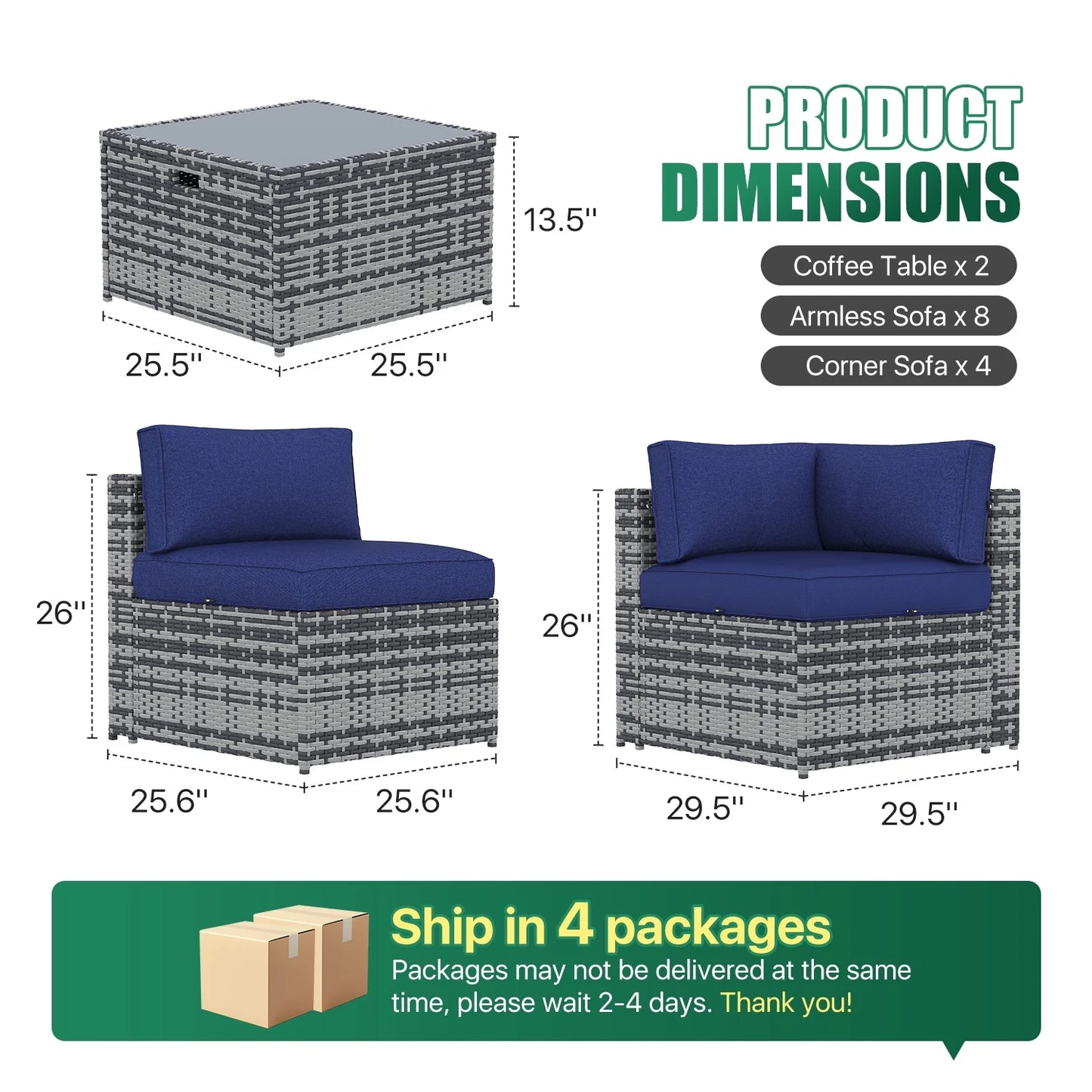 Clouddwell 14 Piece Patio Furniture Set Wicker Rattan Patio Conversation Set Outdoor Sectional Sofa Set with Coffee Table and Blue Cushions(Waterproof Cover Included)