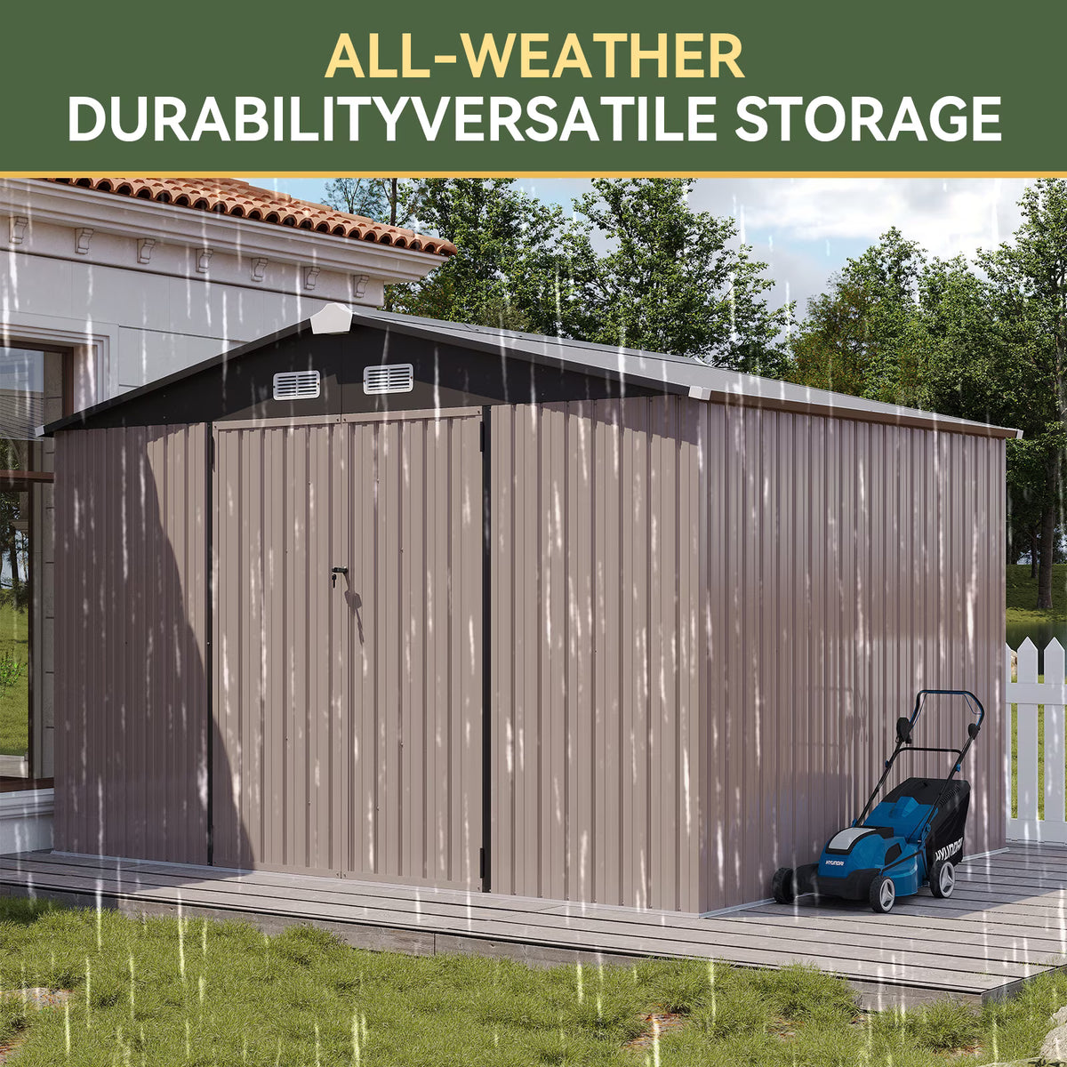 LazySunsets 10 x 8FT Shed Outdoor Storage Shed with Double Door, Large Metal Shed with Lockable Door & Sloped Roof for Garden, Backyard, Patio and Backyard, Brown