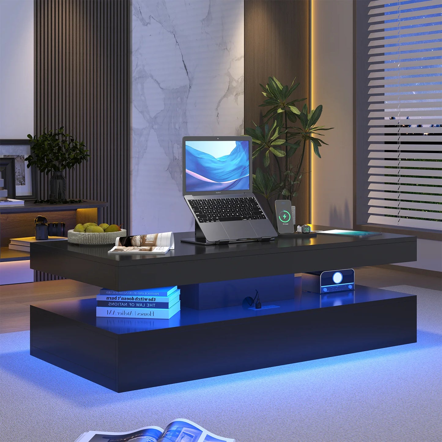 Sonegra 47" High-Glossy LED Coffee Table, Storage Coffee Table with 2 Sliding Drawers for Living Room, Modern Stylish Double-Layer Center Tables with LED Lights, Black