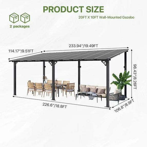 Clouddwell 20'x 10' Wall-Mounted Gazebo Pergola with Aluminum Top Frame & Polycarbonate Panel, Large Heavy-Duty Awnings for Backyard Black