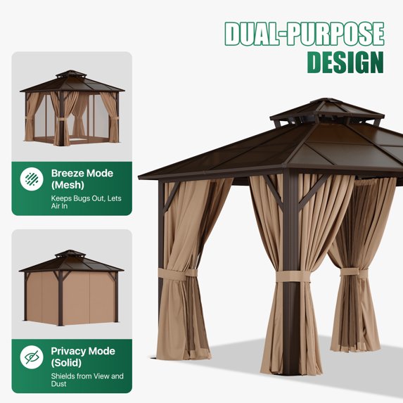 Clouddwell 10'x10' Hardtop Gazebo - Polycarbonate Double Roof with Netting & Curtains for Patio, Garden Sun Protection,Brown