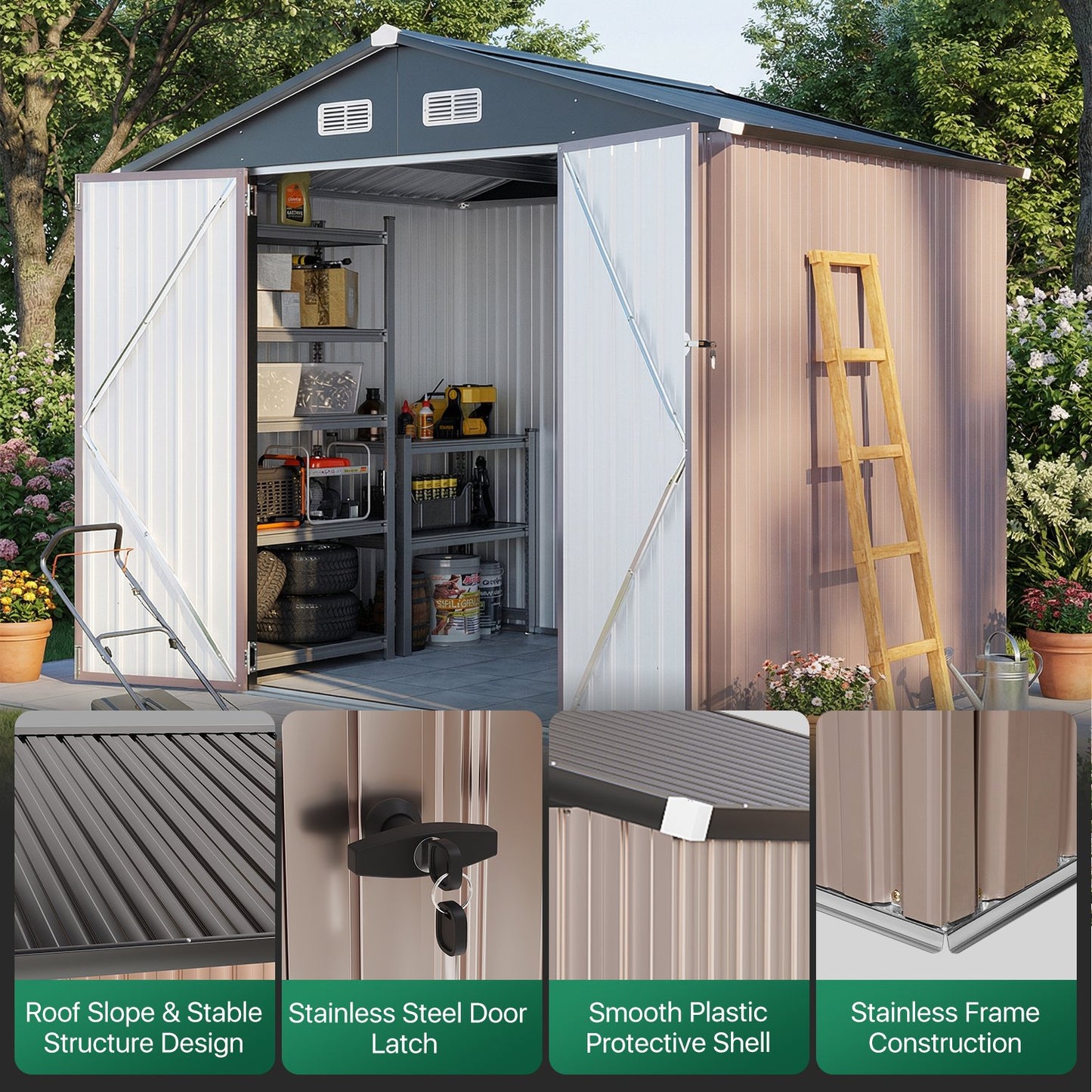 Clouddwell 8 x 6 FT Shed Outdoor Storage Shed with Double Hinged Large Door, Large Metal Shed with Lockable Door & Sloped Roof for Garden, Patio and Backyard, Brown