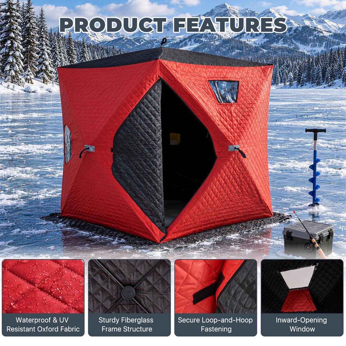 Dateyes Pop Up Ice Fishing Shelter, Insulated Ice Fishing Tent for 2-3 People, 420D Insulated Fabric, 70"x70"x78" 35 sq.ft Fishing Area, Red