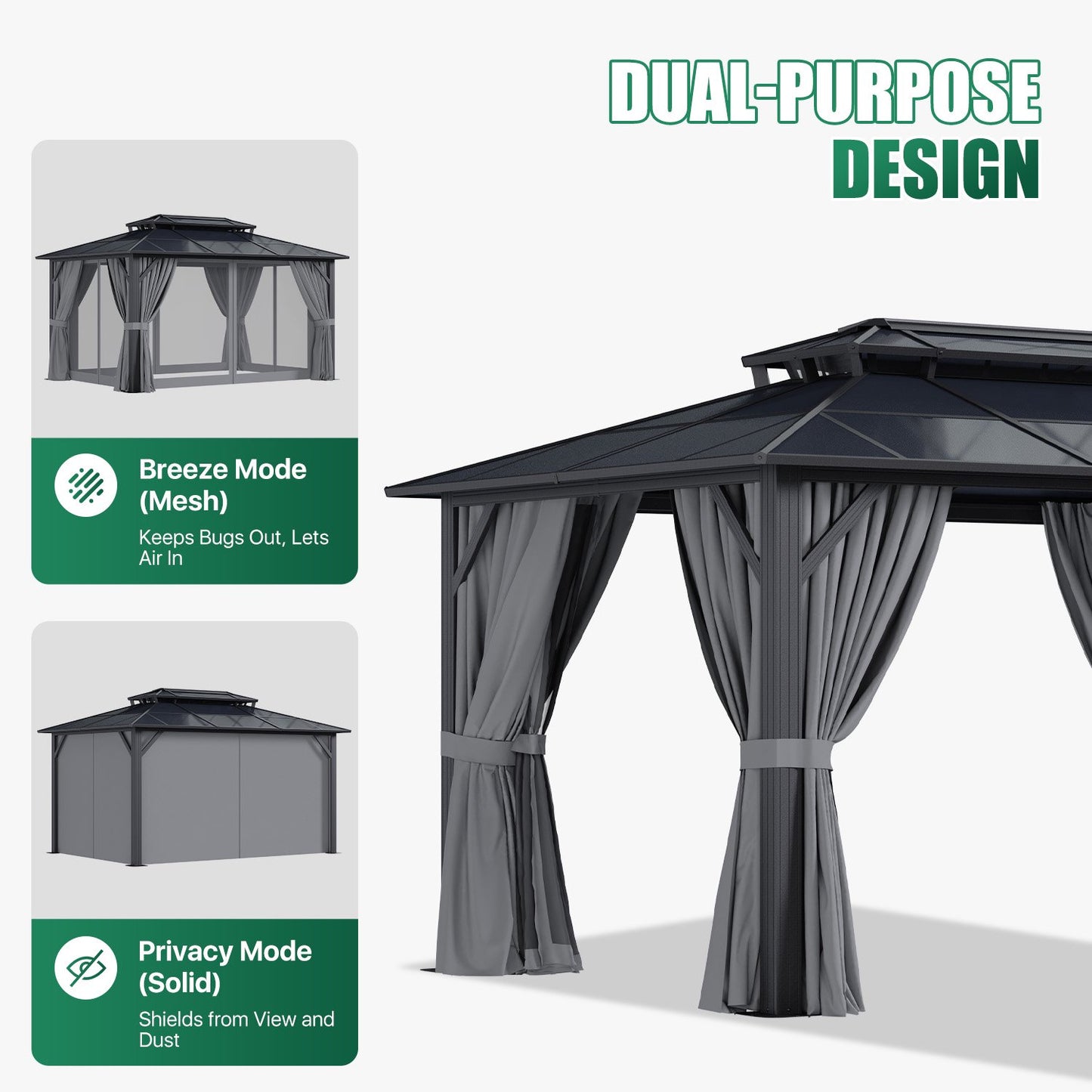Clouddwell 10'x14' Hardtop Gazebo - Polycarbonate Double Roof with Netting & Curtains for Patio, Garden Sun Protection,Gray