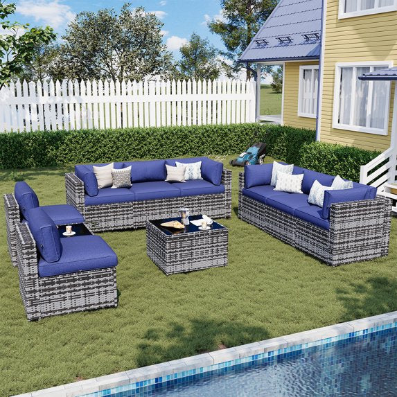 Sunmthink Patio Furniture Sets, 10-Piece Outdoor Patio Furniture with Thick Cushions, Wicker Outdoor Conversation Set and Waterproof Cover for Backyard, Poolside, Garden