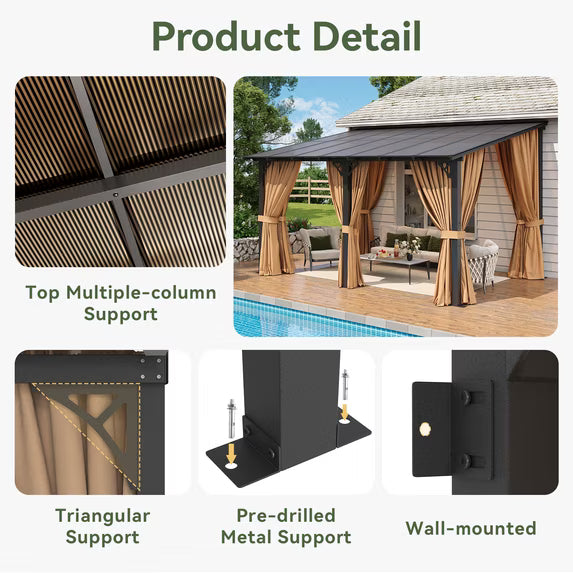 Aoxun 10'x14' Lean to Gazebo with Mosquito Net and Curtains, Aluminum Frame, Polycarbonate Panel, Wall Mounted Pergola with Sloped Roof for Backyard, Porch, Deck