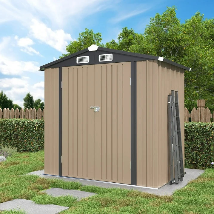 Sunmthink 6 x 4 ft Outdoor Storage Shed with Vents and Double door, Brown, with Base