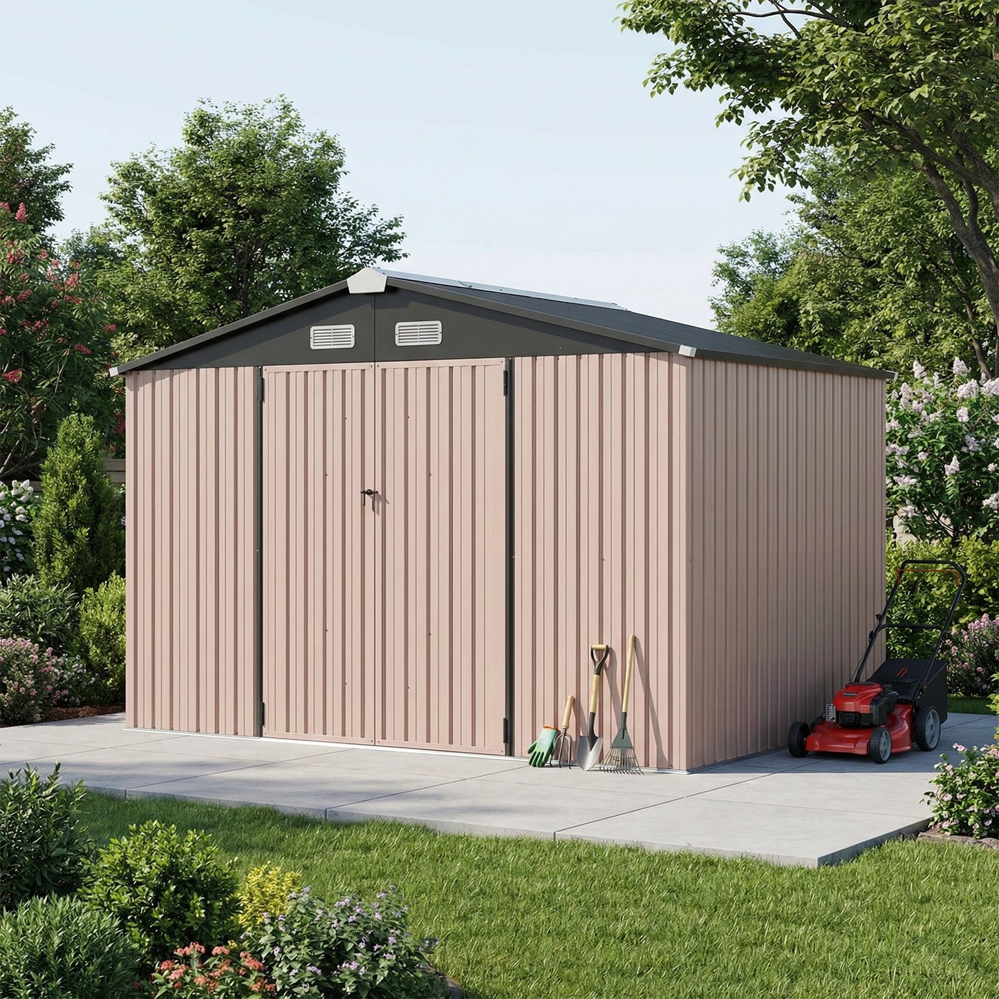 Clouddwell 10 x 8 FT Shed Outdoor Storage Shed with Double Hinged Large Door, Large Metal Shed with Lockable Door & Sloped Roof for Garden, Patio and Backyard, Brown