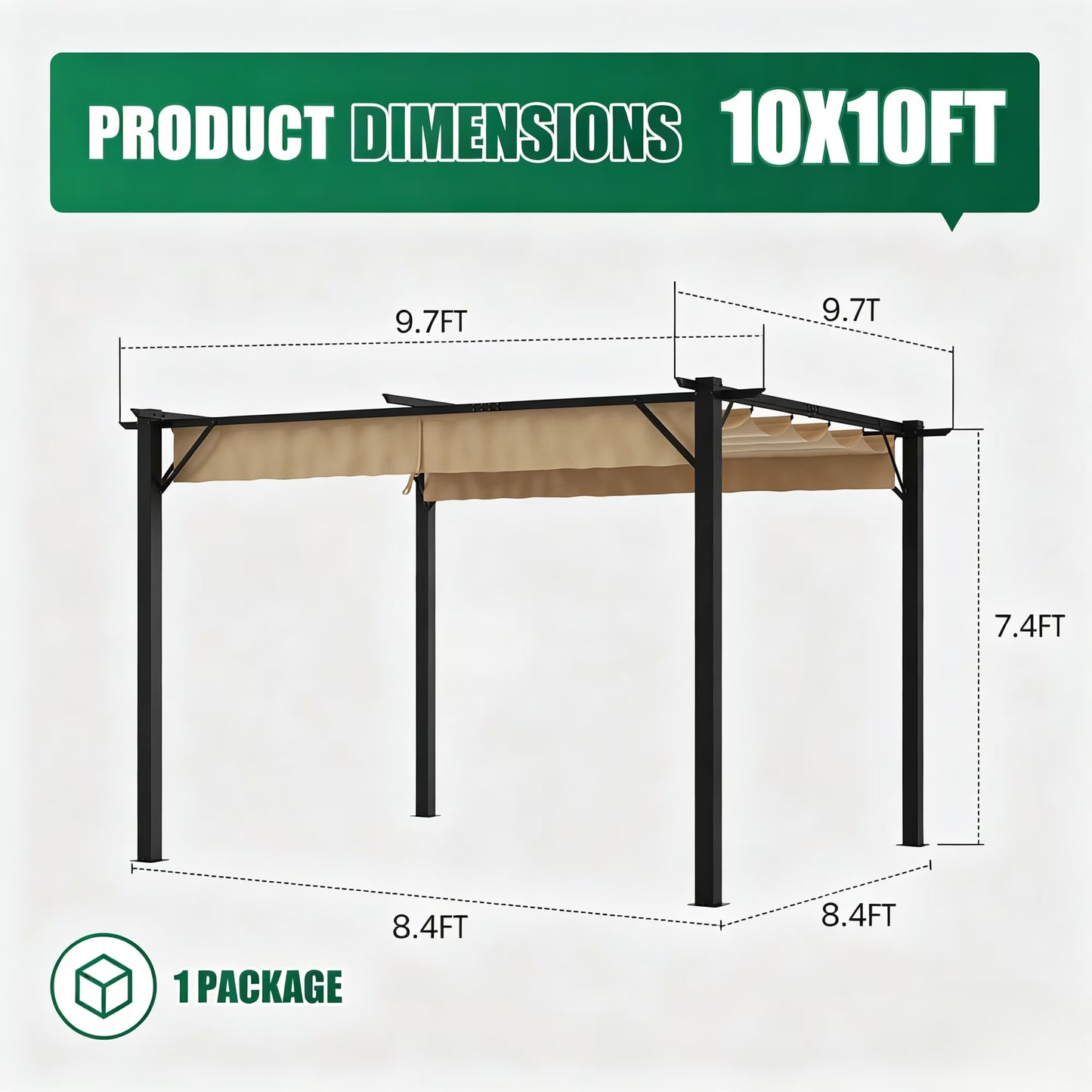 Clouddwell 10x10 ft Outdoor Pergola with Retractable Canopy, Heavy-Duty Metal Frame Patio Pergola for Backyard & Garden, UV Protection Sun Shade, Khaki