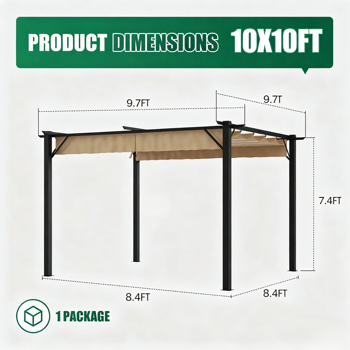 Clouddwell 10x10 ft Outdoor Pergola with Retractable Canopy, Heavy-Duty Metal Frame Patio Pergola for Backyard & Garden, UV Protection Sun Shade, Khaki