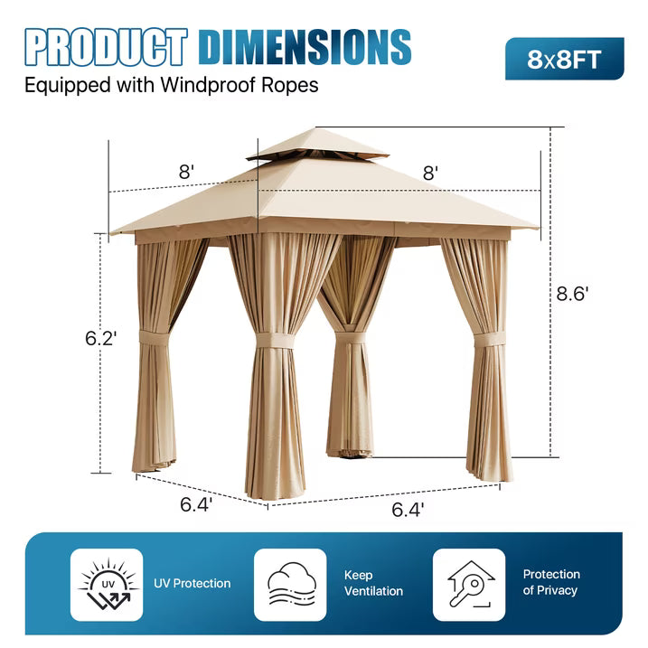 Sunmthink Outdoor Gazebo for Patio 8'x8', Metal Frame Canopy with Double Roofs, Heavy Duty Party Tent and Shelter with Mosquito Netting and Privacy Screen for Backyard,Garden,Deck (Beige)