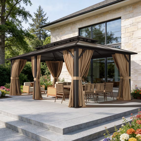 Clouddwell 12'x20' Hardtop Gazebo - Polycarbonate Double Roof with Netting & Curtains for Patio, Garden Sun Protection,Brown