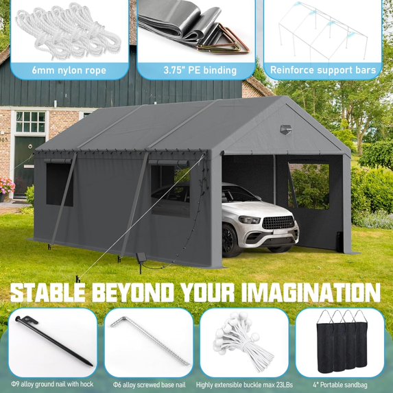 Clouddwell 12x20 Carport Canopy, Heavy Duty Car Port, Portable Car Ports Garage with 2 Roll-Up Zipper Drive Through Doors, Grey