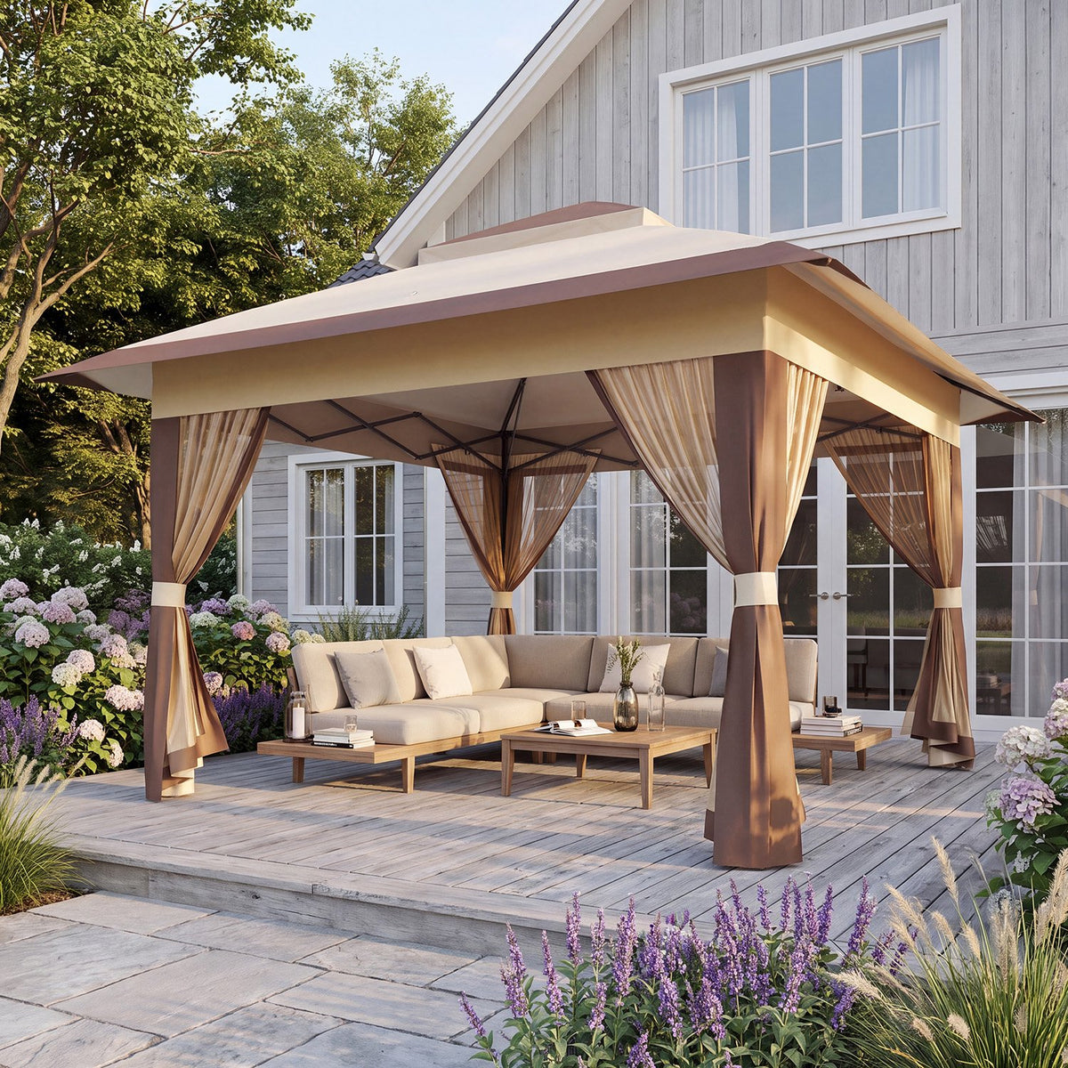 Dateyes 13x13 FT Pop Up Gazebo, Outdoor Gazebo Canopy with Mosquito Netting, 3 Adjustable Heights, Portable Patio Gazebo Tent for Backyard, Patio, Brown