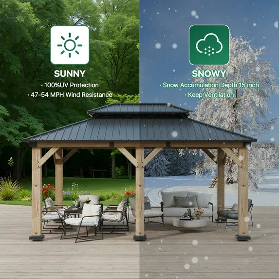 Clouddwell 12*16FT Upgraded Cedar Gazebo,Cedar Hard Roof Gazebo,with Double-Layer Galvanized Steel Roof,Suitable for Backyard,Desk,and Lawn.