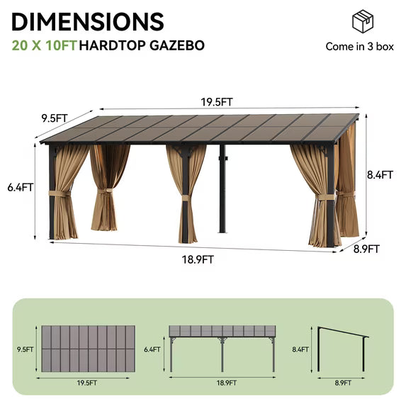 Dateyes 20‘x10’ Wall-Mounted Patio Gazebo with Durable Polycarbonate Roof, Full Bug Screens & Privacy Panels