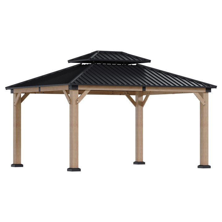 Sunmthink 12'x14' Outdoor Hardtop Gazebo, Cedar Wood Pavilion with Galvanized Steel Double Roof, for Patio, Garden, Deck