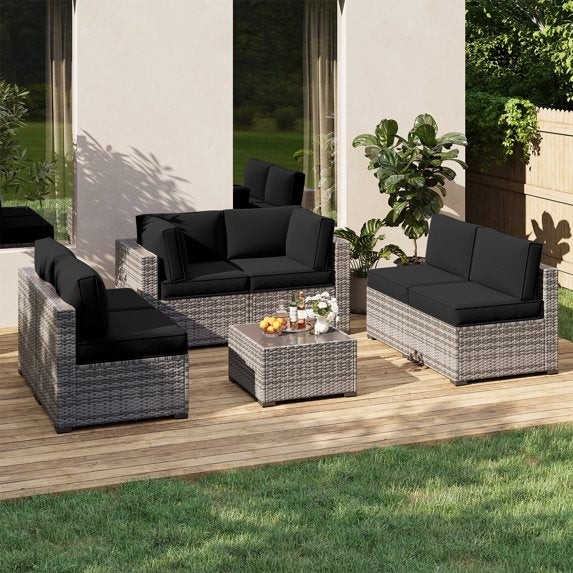 Clouddwell 14-Piece Premium Outdoor Cushion Set, High-Resilience Waterproof Cushions for 6-Seat Wicker Sectional, Comfort Upgrade (Black)
