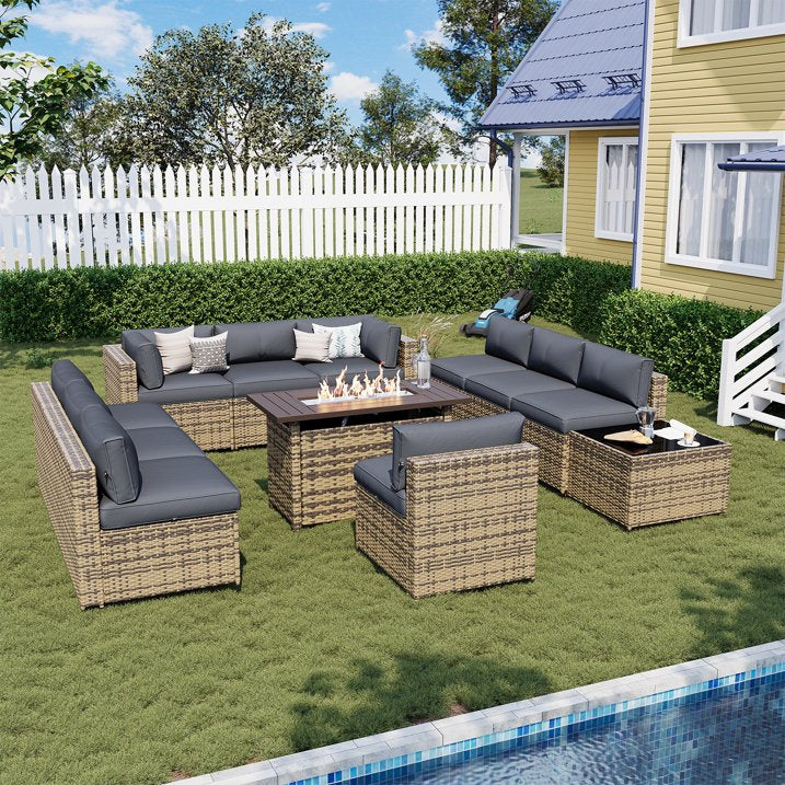 Sunmthink Patio Furniture Sets, 12-Piece Outdoor Patio Furniture with 44'' Propane Gas Firepit Table, Wicker Outdoor Conversation Set and Waterproof Cover for Backyard, Poolside, Garden