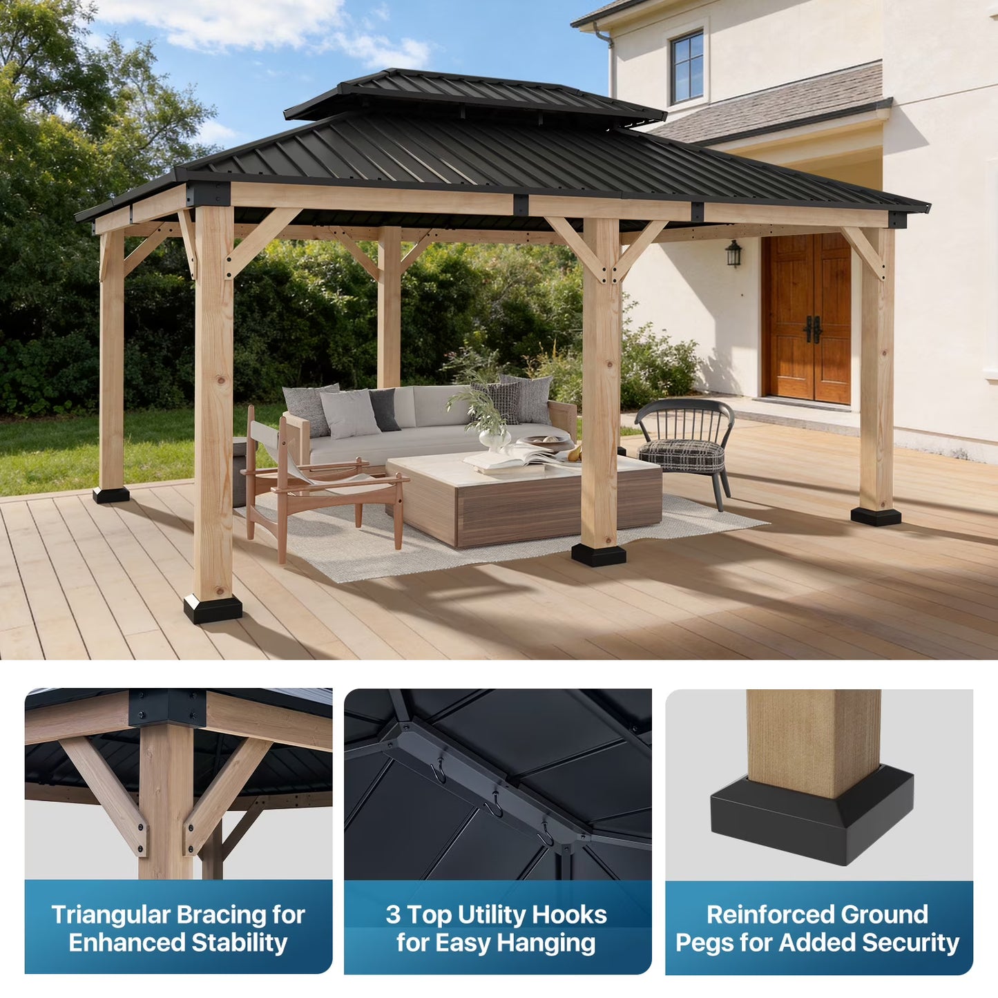 Sunmthink 12'x16' Outdoor Hardtop Gazebo, Cedar Wood Pavilion with Galvanized Steel Double Roof, for Patio, Garden, Deck