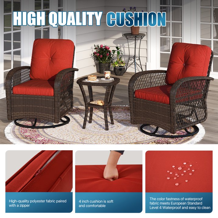 Sunmthink 3-Piece Patio Furniture Set with Swivel Rocking Chairs and Side Table, Thickened Cushions Outdoor Wicker Bistro for Porch Deck Backyard (Red)