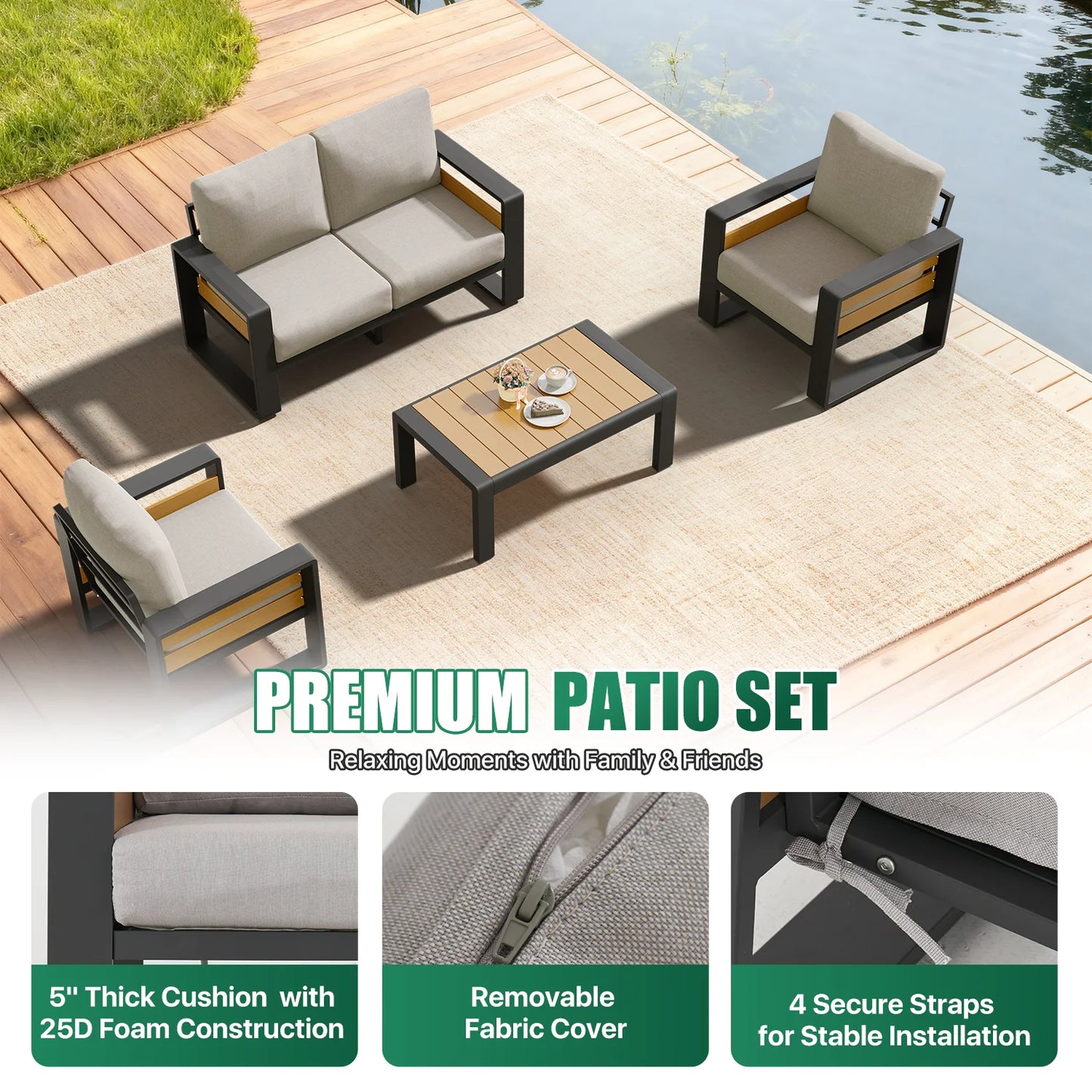 4-Seats Aluminum Patio Furniture Set, Outdoor Metal Sofa Conversation Set with Coffee Table for Pool Garden Porch Backyard, Light Gray