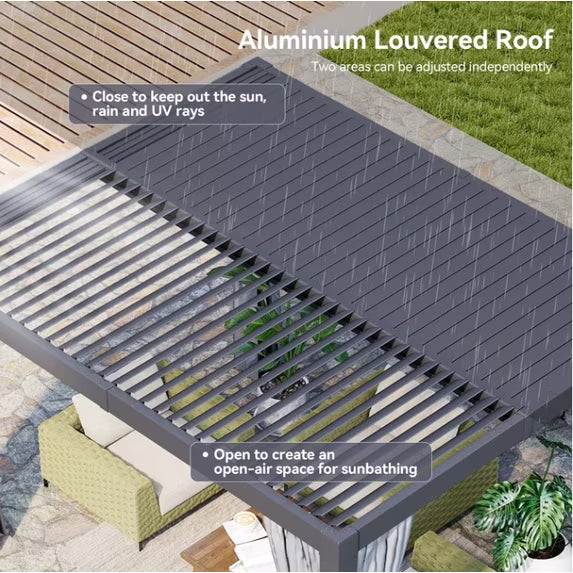 Clouddwell 10' × 10' Adjustable Louvered Pergola, Outdoor Aluminum Pergola with Curtains & Netting for Backyard, Deck & Poolside, Gray