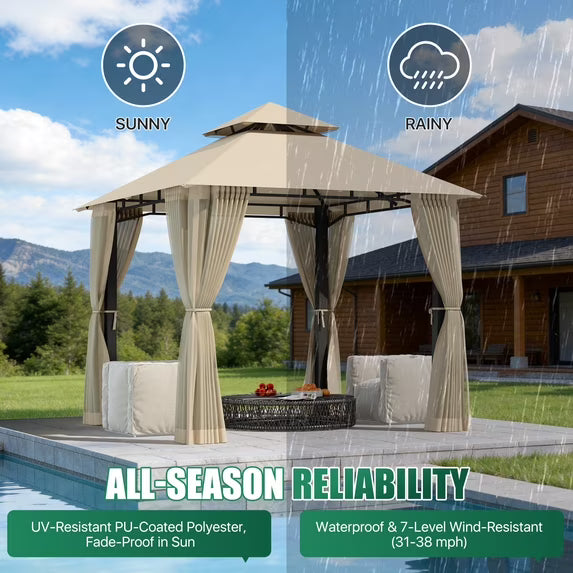 LazySunsets 8'x 8' Patio Gazebo Double Roof Protection All-Weather Outdoor Shelter Features Insect Screens for Backyard, Lawn, (Beige)
