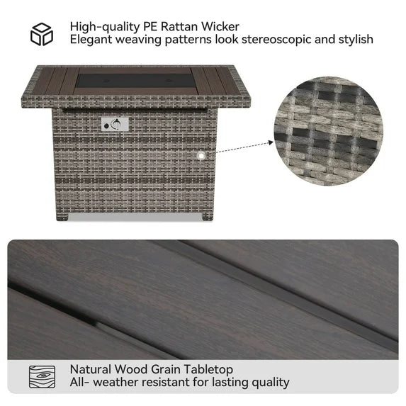 Aoxun 40'' Fire Pit Table 50,000 BTU Propane Gas Fire Pit Table W/ Cover, Glass Beads, Tank Holder, Gray Wicker