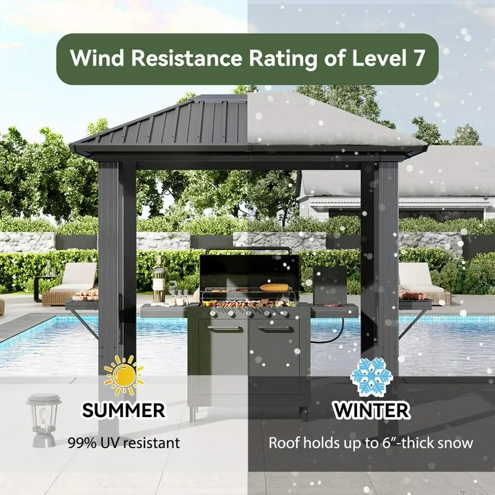 Aoxun Grill Hardtop Gazebo 5 x 8 FT, Outdoor Metal Hard Top Gazebo, Permanent BBQ Gazebo with Galvanized Steel Roof, Aluminum Pavilion with Shelves for Lawn, Garden, Patio, Backyard
