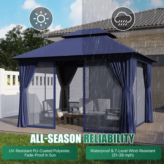 Clouddwell 10'x 12' Patio Gazebo Double Roof Protection All-Weather Outdoor Shelter Features Insect Screens & Privacy Curtains Ideal for Backyard, Lawn, (Blue)