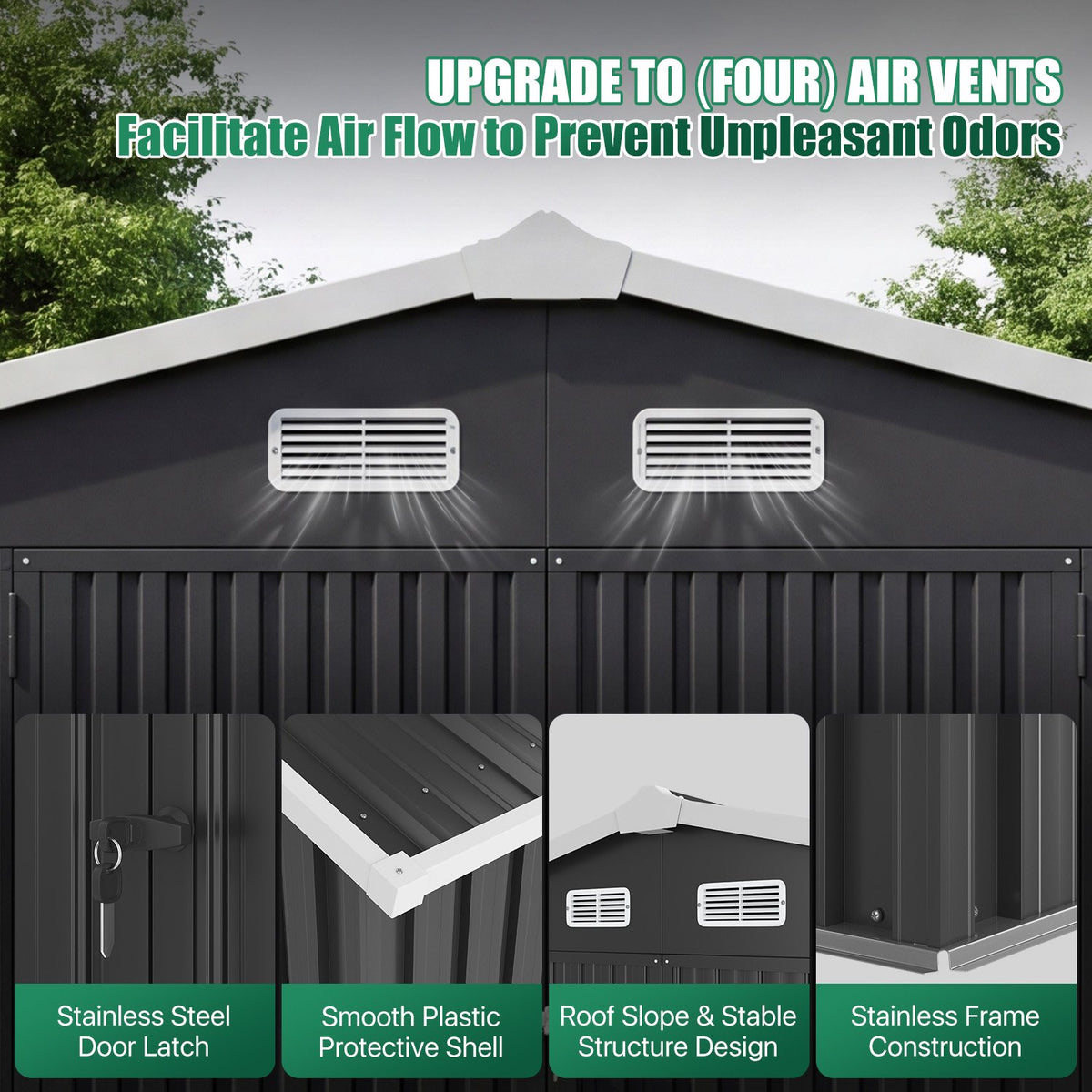 Clouddwell 10x8 FT Outdoor Metal Storage Shed with Floor (12mm PP Floor) & Double Doors for Patio, Backyard - Black