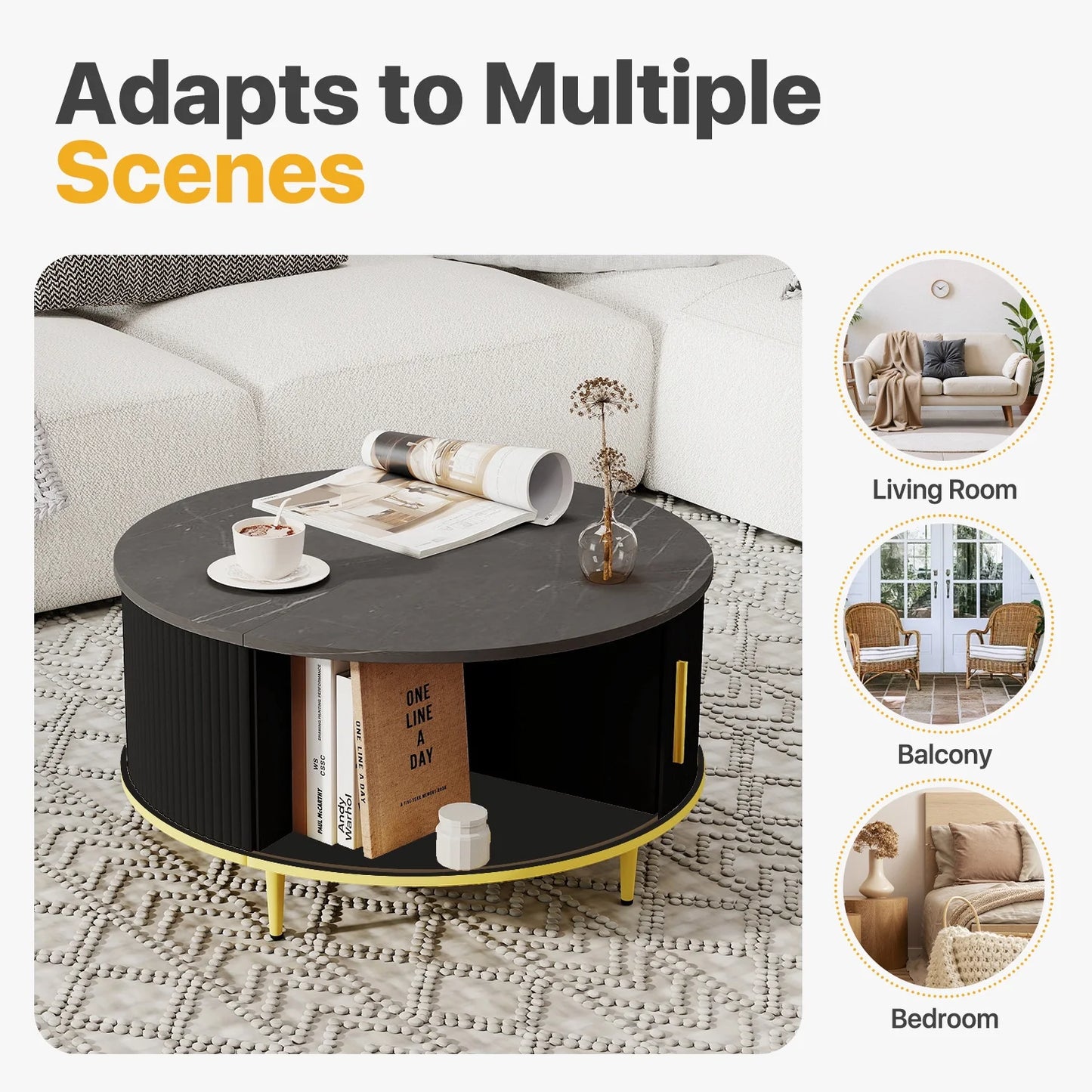 Sonegra Mid-Century Modern Round Coffee Table - Black with Sliding Door Storage for Living Room