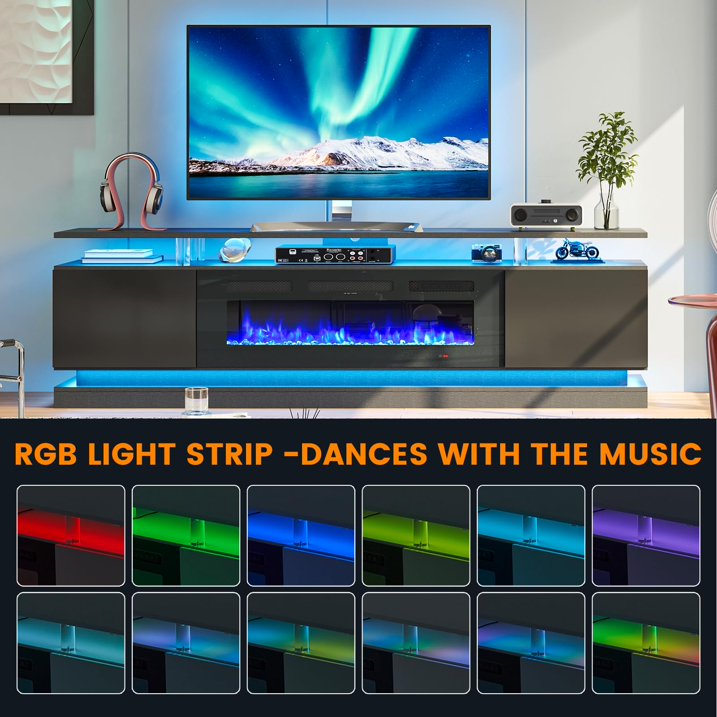 Sunmthink 70" Fireplace TV Stand, Modern Entertainment Center for TVs Up to 80”, TV Console with Storage Cabinets, Media Console for Living Room, Black