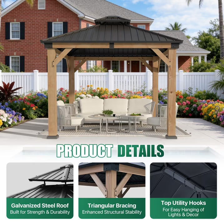 Clouddwell 10*10FT Upgraded Cedar Gazebo,Cedar Hard Roof Gazebo,with Double-Layer Galvanized Steel Roof,Suitable for Backyard,Desk,and Lawn
