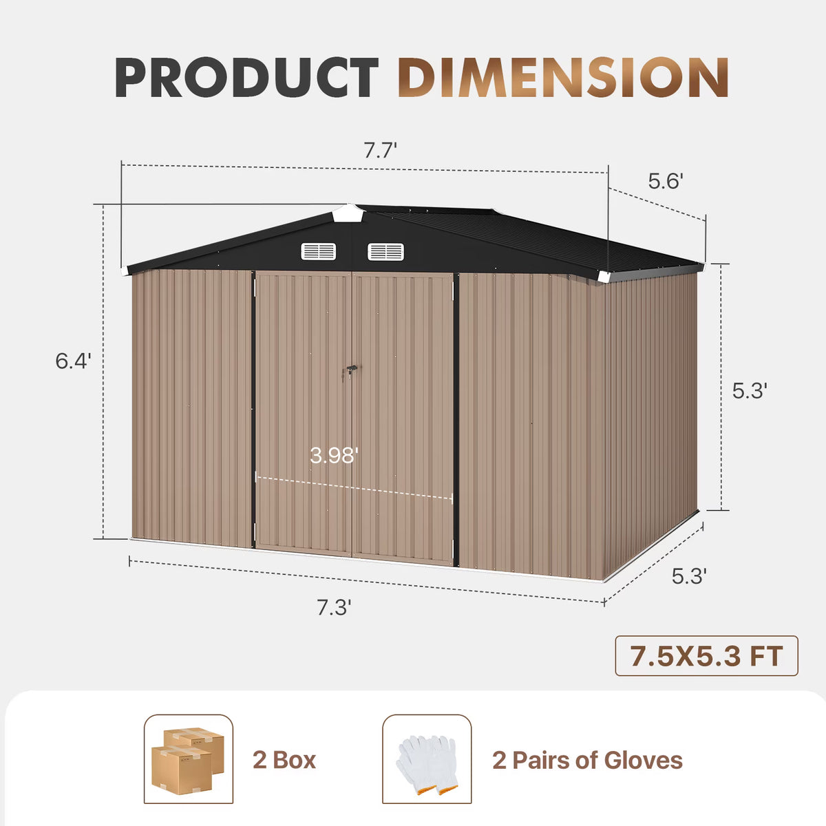 Dateyes 6X8FT Outdoor Storage Shed with Plastic Floor, Metal Tool Shed with Lockable Door and Vents, Patio Shed for Garden, Backyard, Poolside, Brown