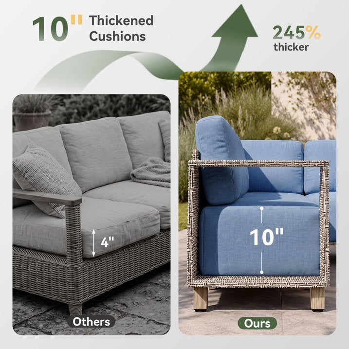 Clouddwell 6 Pieces Wicker Patio Furniture Set, Wicker Outdoor Sectional Sofa with 10 Inches Thick Cushions,Blue