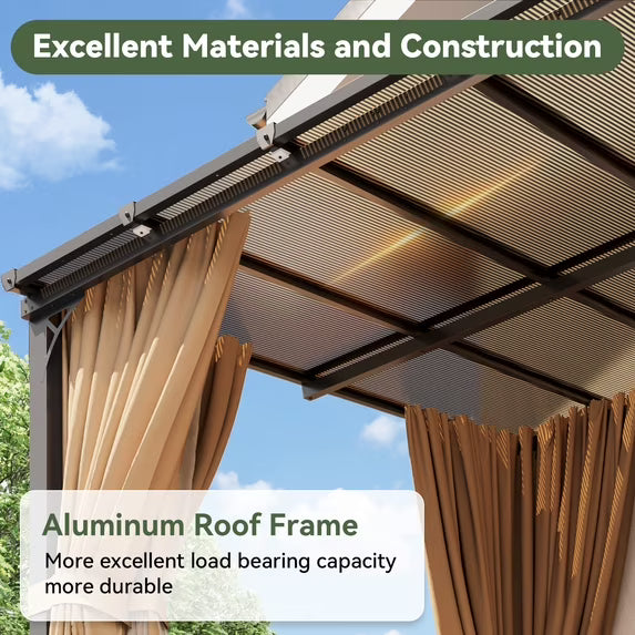 Aoxun 10'x12' Lean to Gazebo with Mosquito Net and Curtains, Aluminum Frame, Polycarbonate Panel, Wall Mounted Pergola with Sloped Roof for Backyard, Porch, Deck