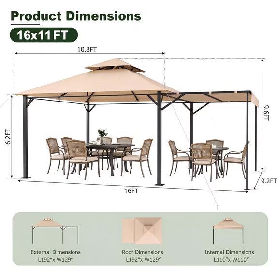 Clouddwell 16' x 11' Beige Soft Top Gazebo — Steel Frame with Extended Shade