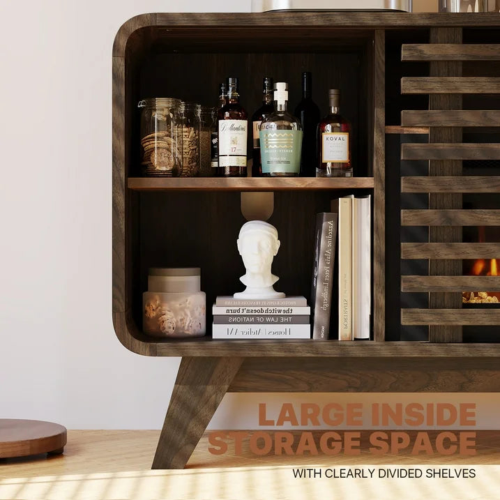 Sonegra Fireplace TV Stand with 36" Electric Fireplace, Mid Century Modern Entertainment Center with Led Lights for 80" TVs , Wood Media Console with Slatted Sliding Doors for Living Room, Brown