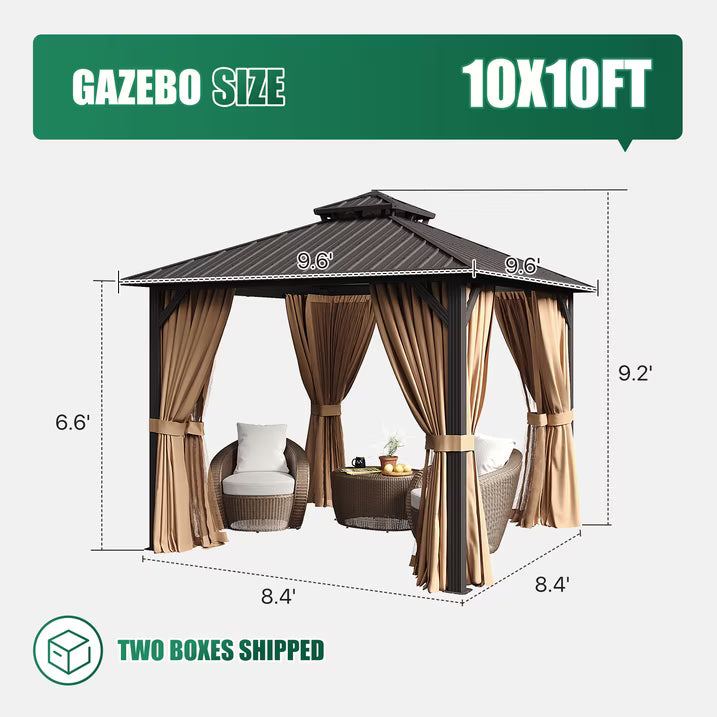 Clouddwell 10' x 10' Gazebo for Patio, Gazebo Pergola with Sloped Roof, Large Wall-Mounted Heavy Duty Awnings, for Deck, Patio and Backyard,Brown