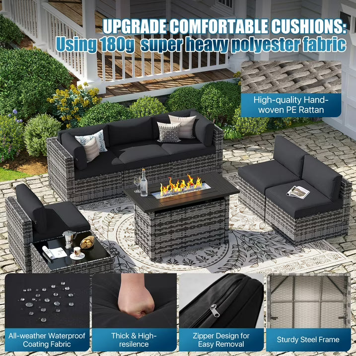 Sunmthink 8-Piece Outdoor Patio Furniture, Patio Furniture Sets with Fire Pit, Wicker Outdoor Conversation Set and Waterproof Cover