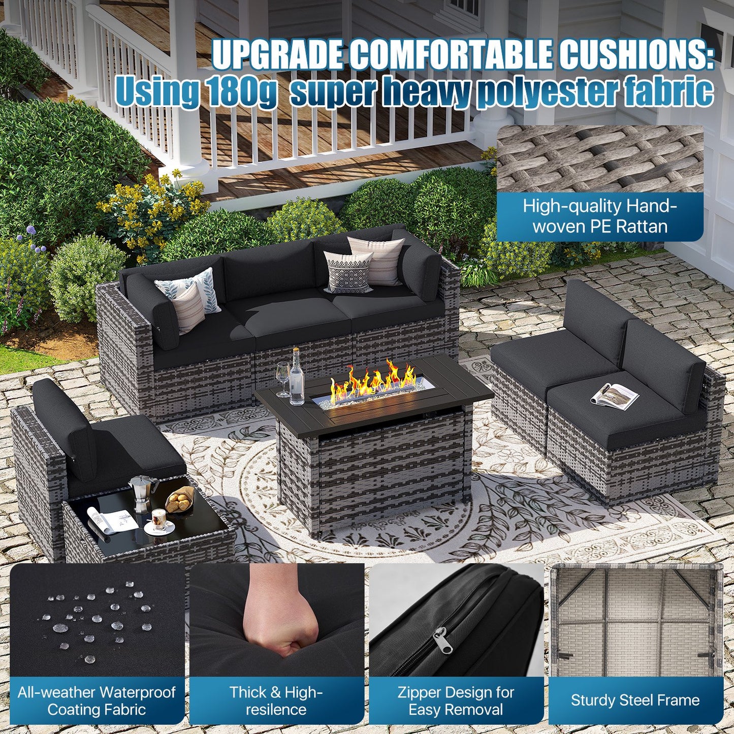 Sunmthink Patio Furniture Sets, 12-Piece Outdoor Patio Furniture with 44'' Propane Gas Firepit Table, Wicker Outdoor Conversation Set and Waterproof Cover for Backyard, Poolside, Garden