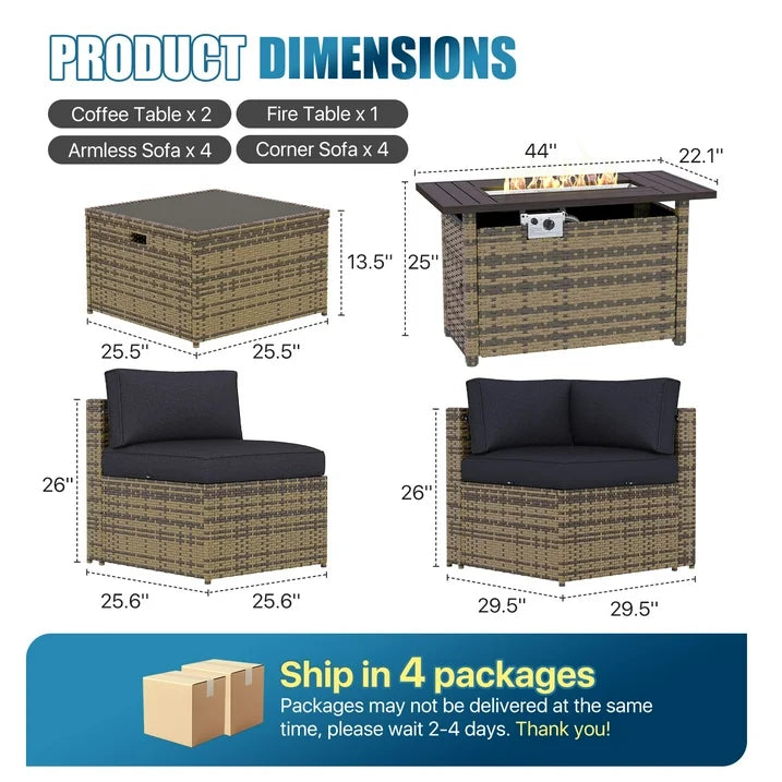 Sunmthink Patio Furniture Sets, 11-Piece Outdoor Patio Furniture with 44'' Propane Gas Firepit Table, Wicker Outdoor Conversation Set and Waterproof Cover for Backyard, Poolside, Garden